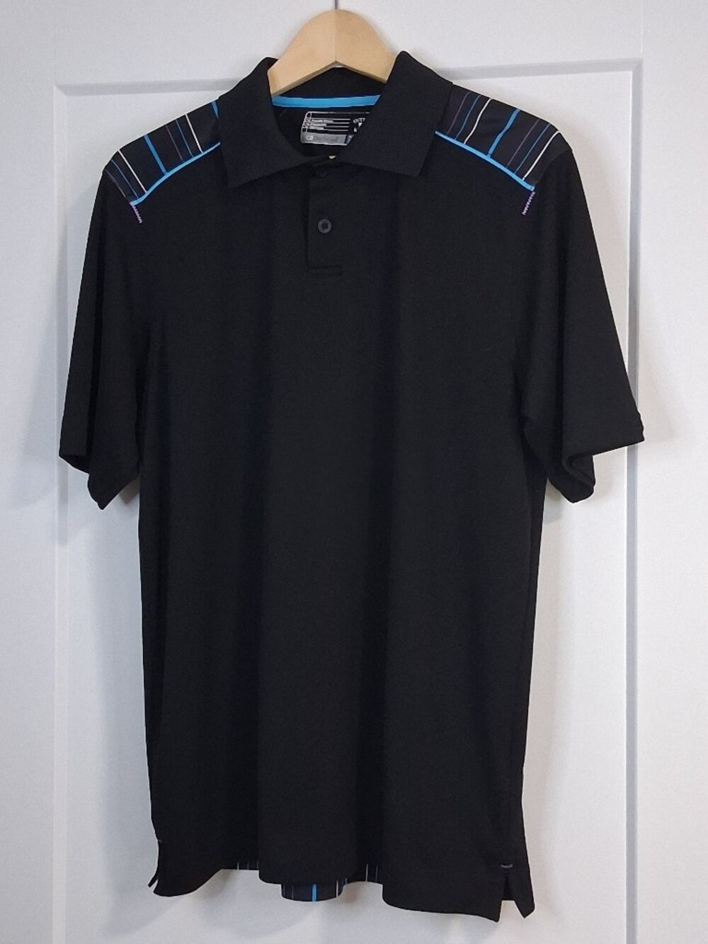 Cutter & Buck CB DryTec Polo Shirt Mens Medium Black Blue Stripe Golf S/S